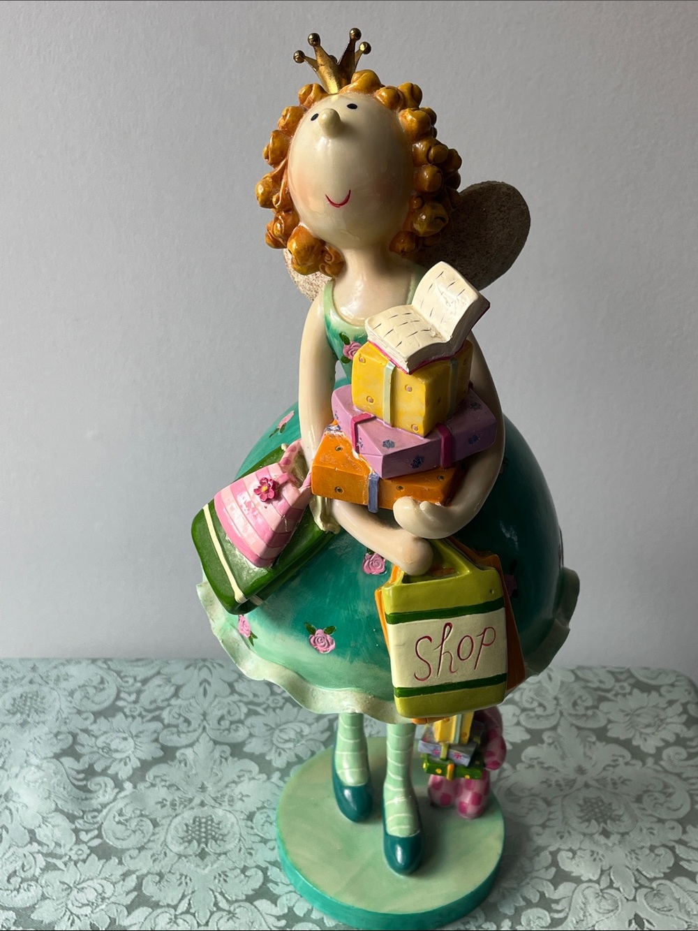 Large 14" Marks & Rosenfeld (MR) Whimsical Shopping Fairy Figurine - Green Dress